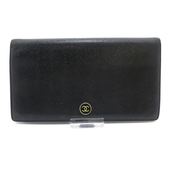 Auth CHANEL CC Button A20904 Black Leather Long Wallet Gold hardware
